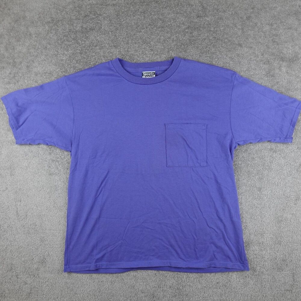 Vintage Simply Basic Shirt Men's L Blue Blank Pocket Tee Crew Neck 1990s 50/50